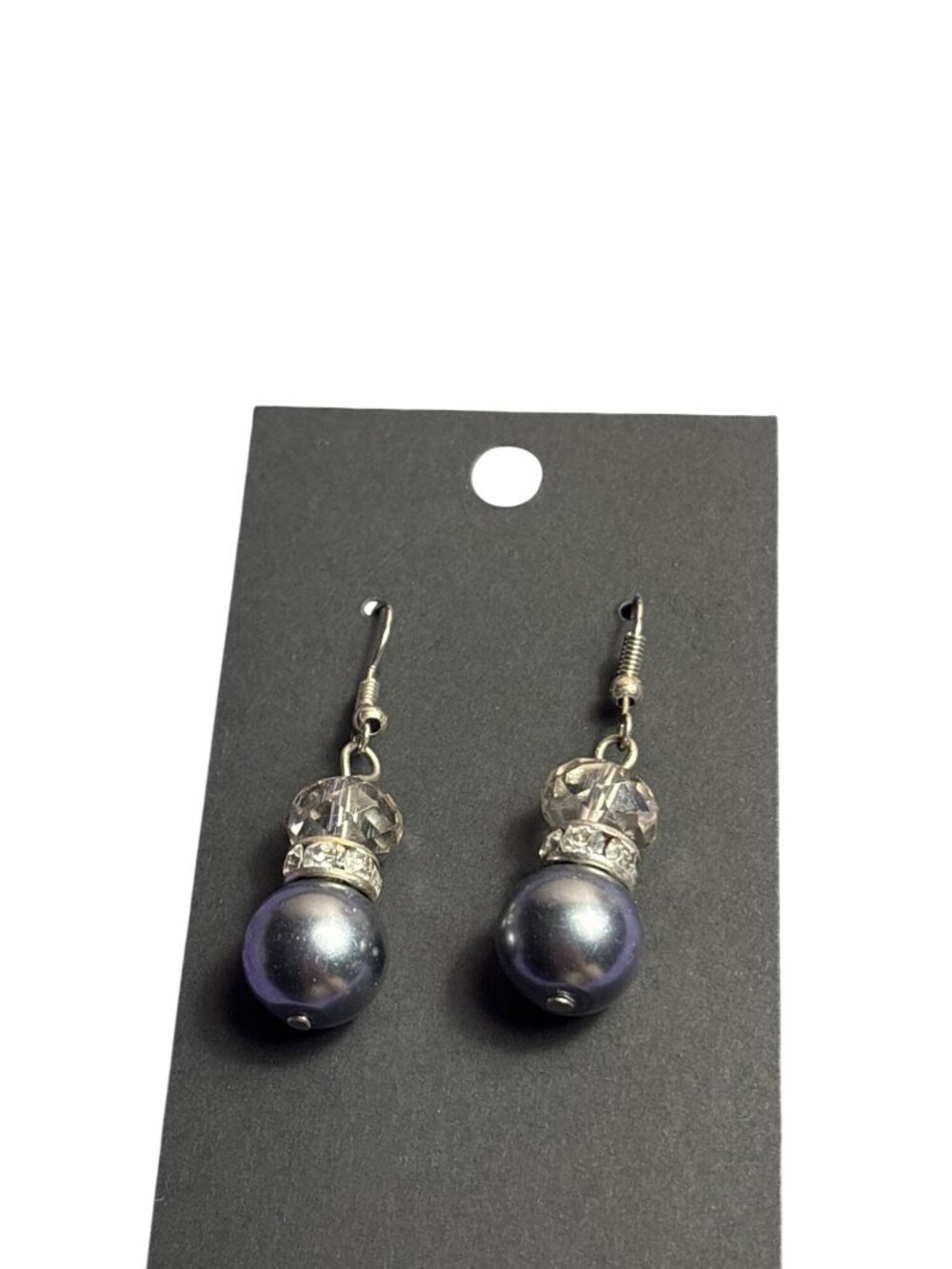 Clear Faceted Glass Grey Faux Pearl Beaded Rhinestone Dangle Earrings Silvertone